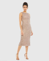 Beige Sleeveless Sequined Midi Sheath Dress - FINAL SALE